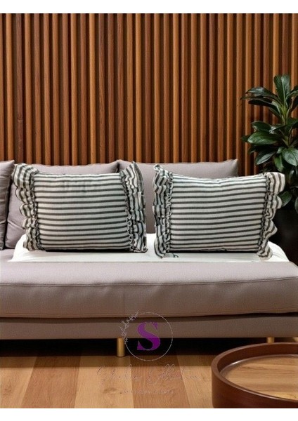 Siyah Çizgili Keten Bohem Fırfırlı Vintage 2'li Dikdörtgen Kırlent Kılıfı