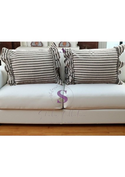 Siyah Çizgili Keten Bohem Fırfırlı Vintage 2'li Dikdörtgen Kırlent Kılıfı fırsatları