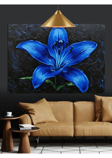 Koyu Fon Üzerinde Mavi Zambak Dekoratif Kanvas - Mdf Ahşap Tablo