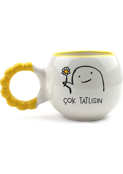 Çok Tatlısın El Yapımı Krem Parlak Puf Kupa - El Işçiliği Hediyelik Kupa Bardak Mug