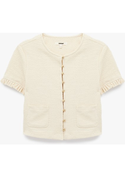 Fırfır Detaylı Kısa Kollu Bisiklet Yaka Triko Hırka