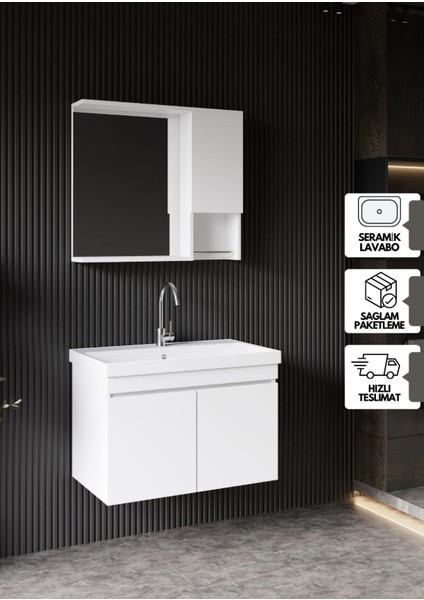 Deniz Banyo Dolabı Seti, 80 cm Beyaz,lavabo Dahil,lavabolu