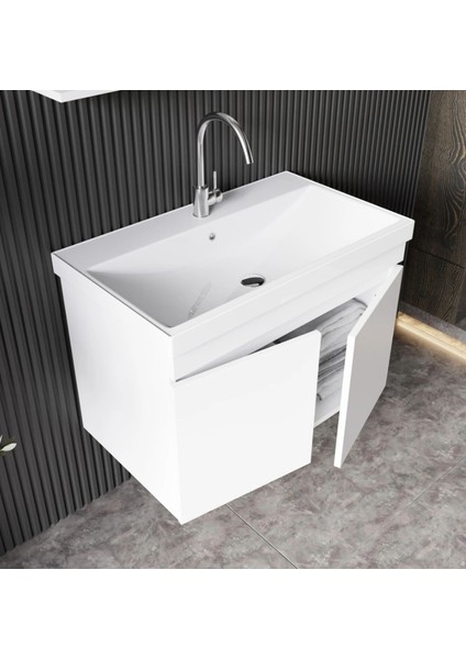 Deniz Banyo Dolabı Seti, 80 cm Beyaz,lavabo Dahil,lavabolu modelleri