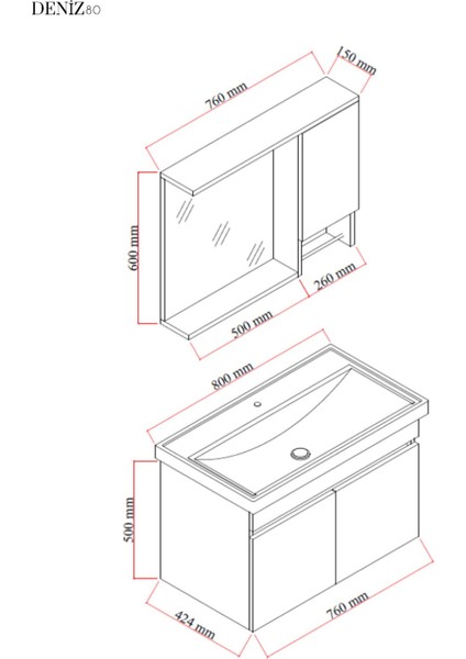 Deniz Banyo Dolabı Seti, 80 cm Beyaz,lavabo Dahil,lavabolu fırsatları