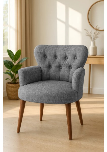 roma Berjer Modern Tekli Koltuk - Keten Kumaş - Ahşap Demonte Ayak - Gri