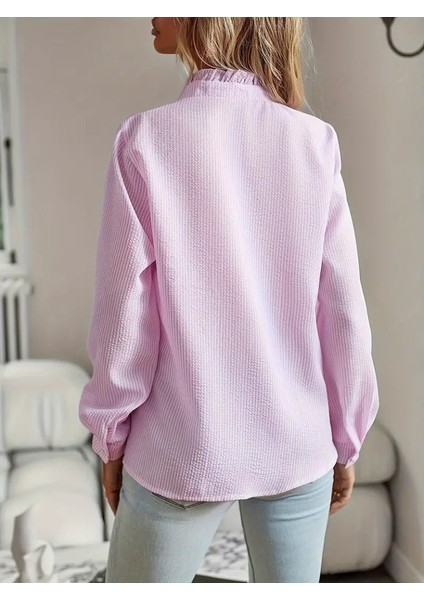Kadın Uzun Kollu Fırfır Yakalı Önden Düğmeli Çizgili Burgu Gömlek fırsatları