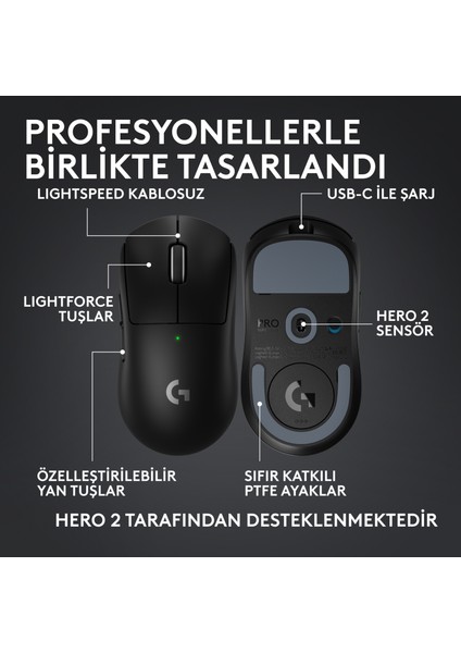 G Pro x Superlıght 2c Hafif Hero 2 Sensör 32.000 Dpı Lıghtspeed Kablosuz Oyuncu Mouse - Siyah indirimleri