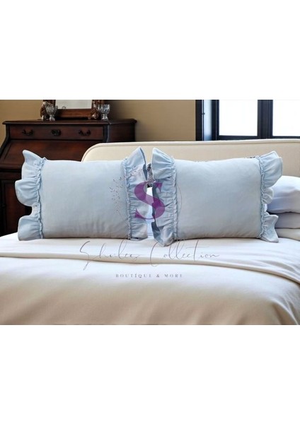 Mavi Keten Bohem Fırfırlı Vintage 2'li Dikdörtgen Kırlent Kılıfı