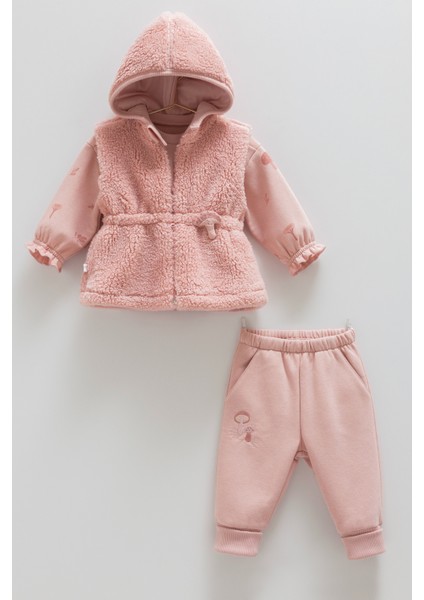 Mushroom Hırkalı Üçlü Takım (03-24 Ay Arası) - Gül Kurusu