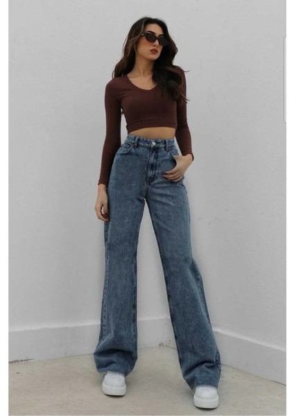 Taiti Likralı Salaş Kadın Mavi Süper Yüksek Bel Salaş Paça Denim Kot Pantolon