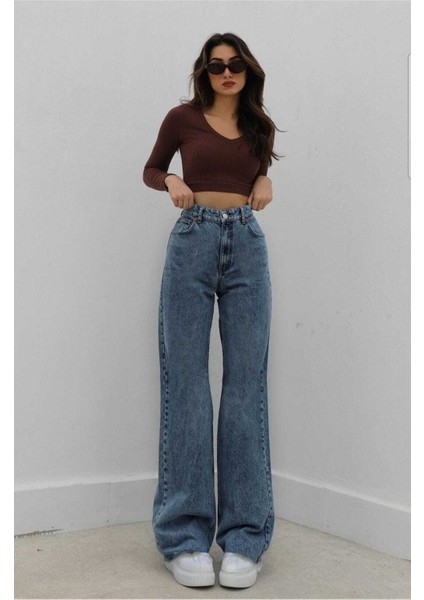 Taiti Likralı Salaş Kadın Mavi Süper Yüksek Bel Salaş Paça Denim Kot Pantolon fiyatları