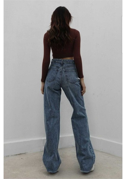 Taiti Likralı Salaş Kadın Mavi Süper Yüksek Bel Salaş Paça Denim Kot Pantolon modelleri