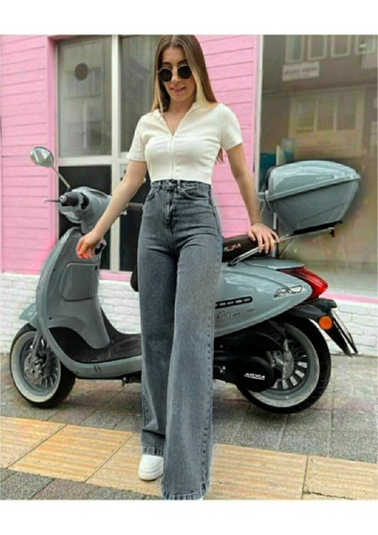 Medusa Füme Power Likralı Süper Yüksek Bel Salaş Jeans Palazzo Pantolon