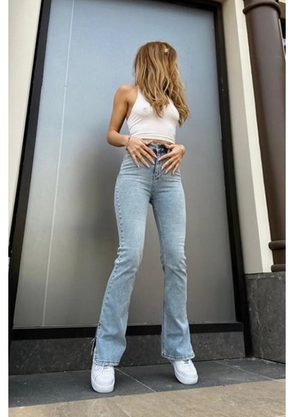 Luxury Power Likralı Kadın Buz Kar Yüksek Bel Yandan Yırtmaçlı Jeans Kot Pantolon