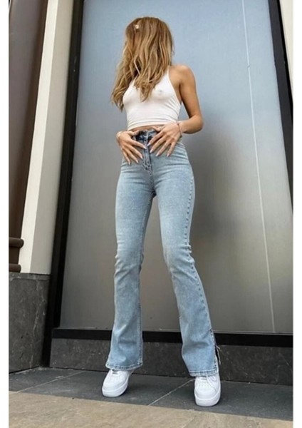 Luxury Power Likralı Kadın Buz Kar Yüksek Bel Yandan Yırtmaçlı Jeans Kot Pantolon fırsatları