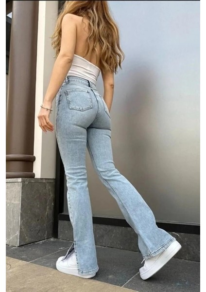 Luxury Power Likralı Kadın Buz Kar Yüksek Bel Yandan Yırtmaçlı Jeans Kot Pantolon