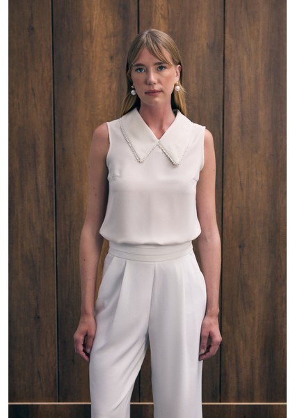 Yaka Incili Kolsuz Bluz - Bej modelleri