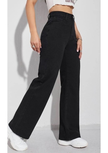 Elliy Simsiyah Likralı Süper Yüksek Bel Salaş Jeans Palazzo Pantolon (Süper Yüksek.) Wide Leg.