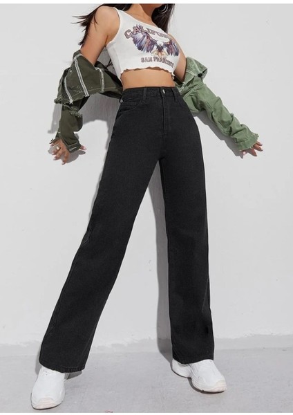 Elliy Simsiyah Likralı Süper Yüksek Bel Salaş Jeans Palazzo Pantolon (Süper Yüksek.) Wide Leg. modelleri