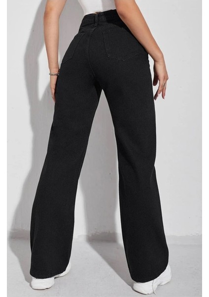 Elliy Simsiyah Likralı Süper Yüksek Bel Salaş Jeans Palazzo Pantolon (Süper Yüksek.) Wide Leg. indirimleri