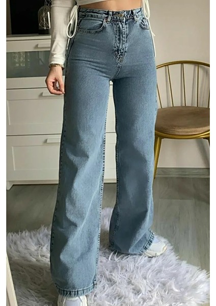 Dark Blue Power Likralı Orta Mavi Kar Yıkama Yüksek Bel Bol Paça Denim Kot Pantolon