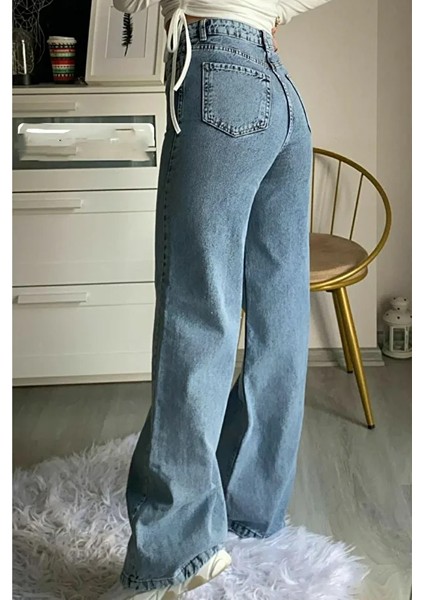 Dark Blue Power Likralı Orta Mavi Kar Yıkama Yüksek Bel Bol Paça Denim Kot Pantolon fiyatları