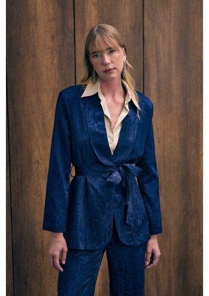 Yılan Desenli Uzun Ceket - Lacivert