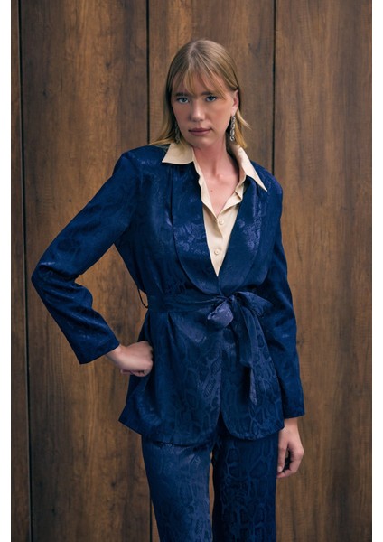 Yılan Desenli Uzun Ceket - Lacivert modelleri