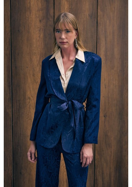 Yılan Desenli Uzun Ceket - Lacivert fırsatları