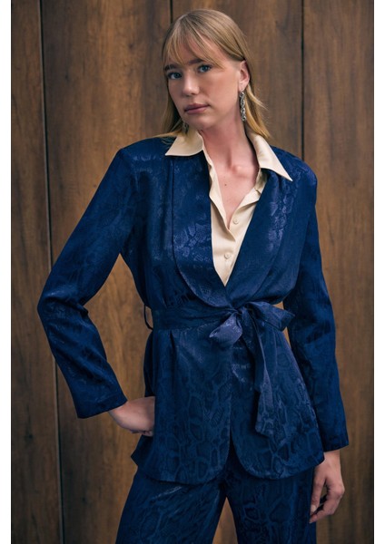 Yılan Desenli Uzun Ceket - Lacivert indirimleri