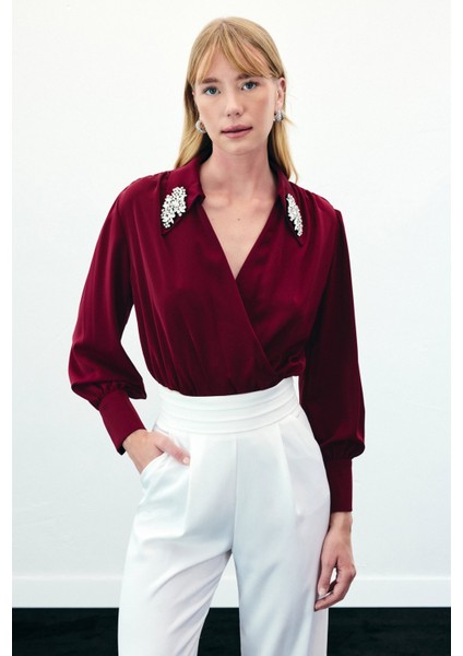 Aksesuar Detaylı Bodysuit Bluz - Bordo