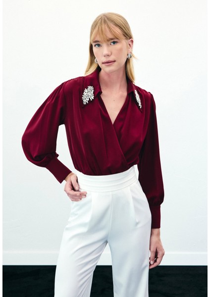 Aksesuar Detaylı Bodysuit Bluz - Bordo modelleri