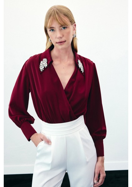 Aksesuar Detaylı Bodysuit Bluz - Bordo fırsatları