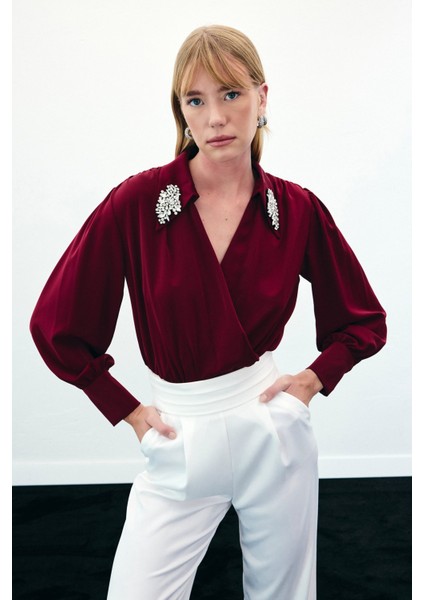 Aksesuar Detaylı Bodysuit Bluz - Bordo indirimleri