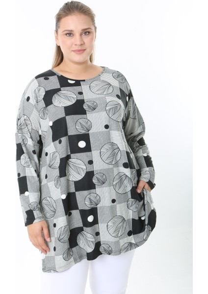 Yünlü Viskon Desenli Likralı Kadın Büyük Beden Tunik