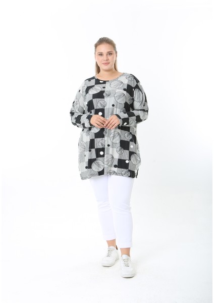 Yünlü Viskon Desenli Likralı Kadın Büyük Beden Tunik