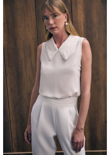 Yaka Incili Kolsuz Bluz - Bej fırsatları