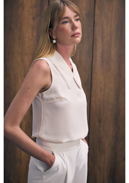 Yaka Incili Kolsuz Bluz - Bej indirimleri