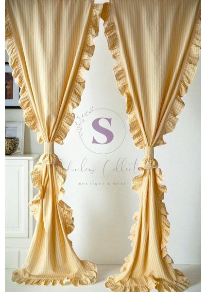 Cift Taraflı Fırfırlı Sarı Çizgili Vintage Pamuk Keten Perde (En x Boy) - Tek Kanat - Pilesiz