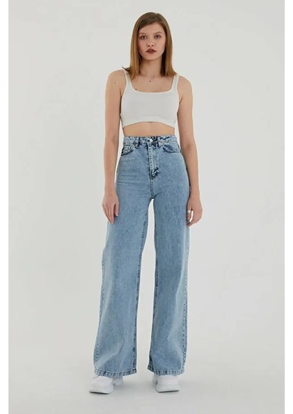 Dessin Açık Mavi Kar Yıkama Likralı Palazzo Salaş Paça Süper Yüksek Bel Jean Pantolon fırsatları
