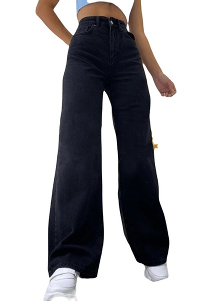 Siyah Wide Leg Etkili Fermuarlı Süper Yüksek Bel Jeans Salaş Kot Pantolon ( Solmaz Kumaş)
