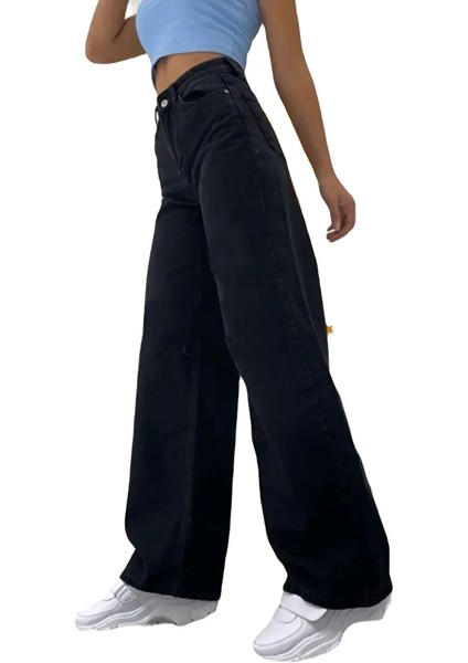 Siyah Wide Leg Etkili Fermuarlı Süper Yüksek Bel Jeans Salaş Kot Pantolon ( Solmaz Kumaş) fiyatları