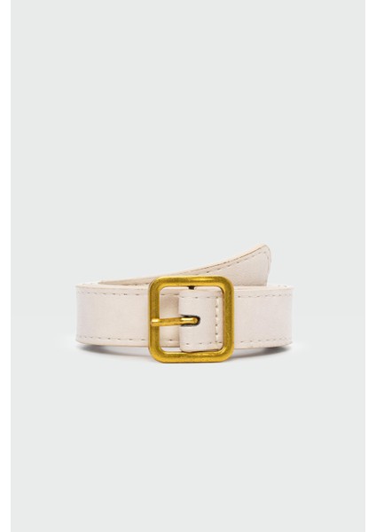 Kare Tokalı Suni Deri Kemer Krem