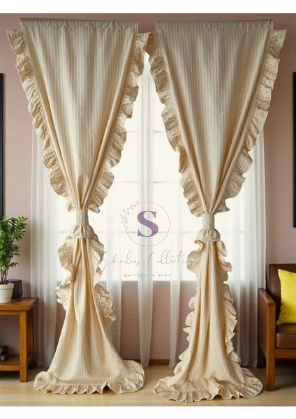 Cift Taraflı Fırfırlı Sarı Çizgili Vintage Pamuk Keten Perde (En x Boy) - Tek Kanat - Pilesiz fırsatları