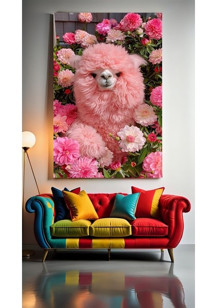 Çiçekler Içinde Pembe Lama Ev Duvar Salon Güzellik Salonu Ofis Dükkan Dekarasyon Kanvas Tablo