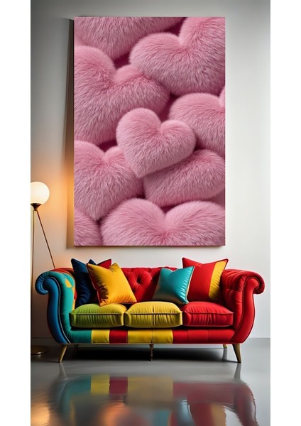 Pembe Tüylü Kalpler Ev Duvar Salon Güzellik Salonu Ofis Dükkan Dekarasyon Kanvas Tablo