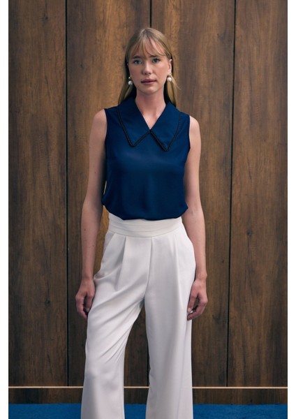 Yaka Incili Kolsuz Bluz - Lacivert modelleri