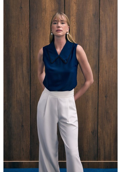 Yaka Incili Kolsuz Bluz - Lacivert fırsatları