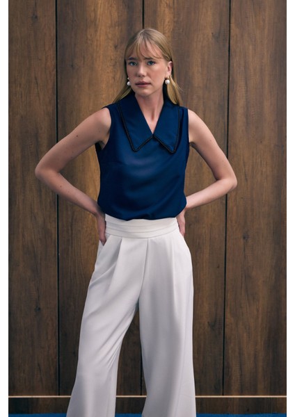 Yaka Incili Kolsuz Bluz - Lacivert indirimleri