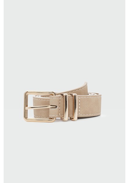 Kare Tokalı Suni Deri Kemer Krem